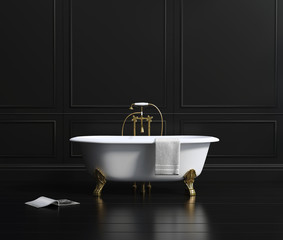 Wall Mural - Isolated classic bathtub on black wood floor