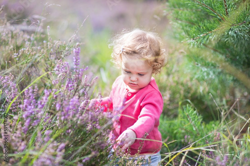 Plakat na papierze fotorealistycznym Urocza dziewczynka bawi się fioletowymi kwiatami w heather land
