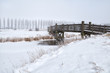 wooden bridge through frozen river in winter
