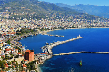 View of Alanya harbor from Alanya peninsula. Turkish Riviera