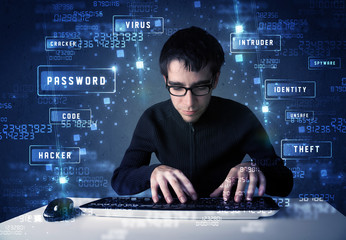 Fototapete - Hacker programing in technology enviroment with cyber icons