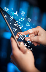 Poster - Finger pointing on tablet pc, social media concept