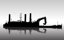 Vector Silhouette Of Ship With Floating Excavator In Service