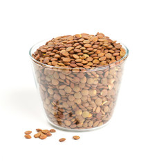 brown lentils in a glass bowl