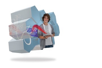 Student with tablet on abstract screen