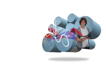 Student with tablet on abstract screen