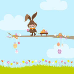 Wall Mural - Bunny On Tree Meadow Handcart Easter Eggs Blue