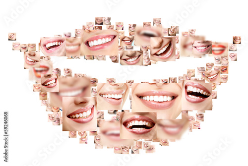 Obraz w ramie Smile collage of perfect smiling faces closeup. Conceptual set o