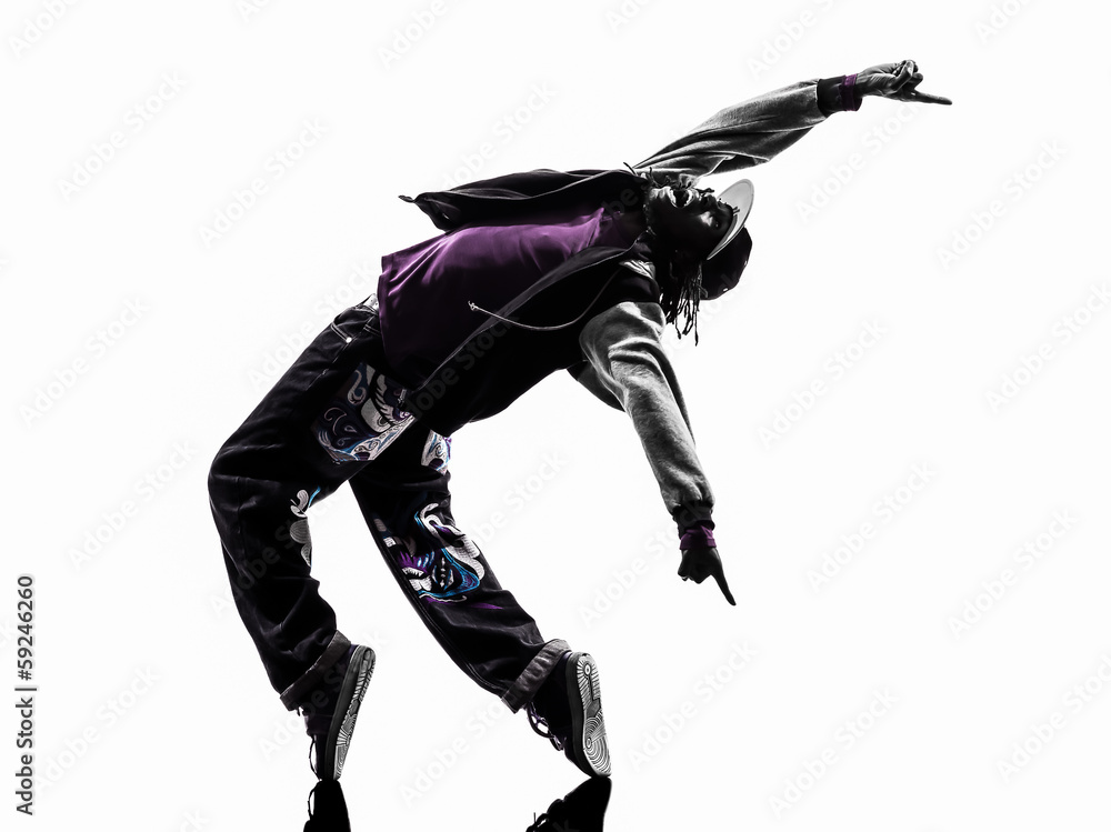 hip hop acrobatic break dancer breakdancing young man silhouette - obrazy, fototapety, plakaty 