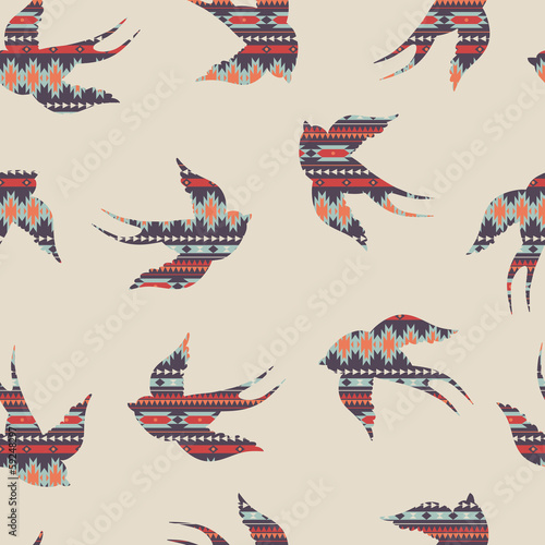 Obraz w ramie Vector seamless colorful decorative ethnic pattern with swallows