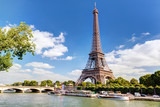 Fototapeta  - Eiffel tower in Paris, France. Panorama of Seine River in summer.