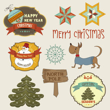 Collection Of Vintage Christmas Decorative Elements And Labels