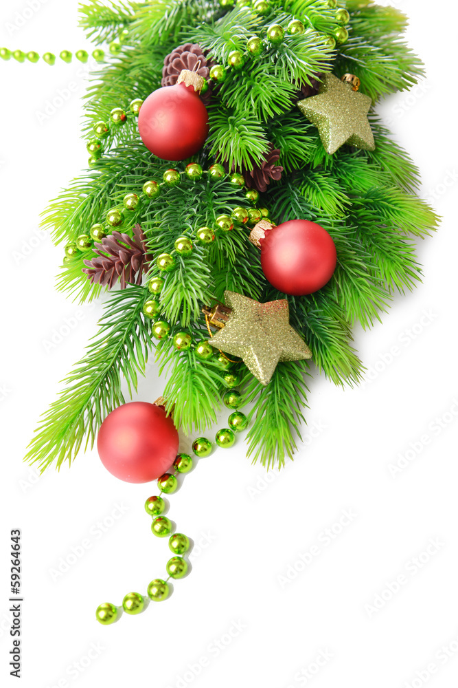Christmas balls on fir tree, isolated on white