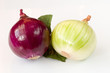 purple and green peeled onion with green leaf on white background