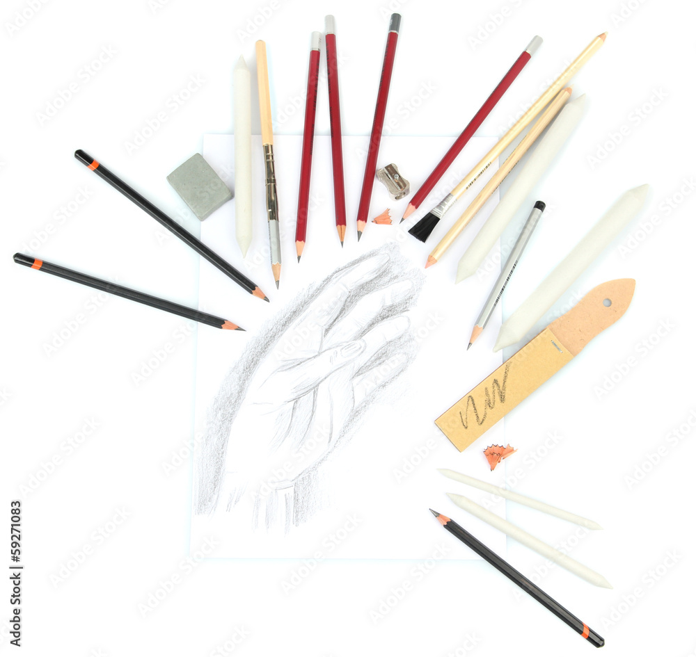 Professional art materials and sketch, isolated on white