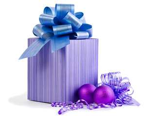 Christmas gift with Purple Ball and ribbon bow isolated on white