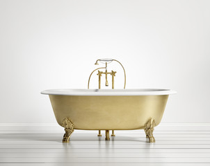 Wall Mural - Isolated gold bronze classic bathtub on white wood floor