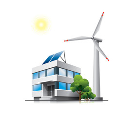 Wall Mural - Sustainable office with solar panels and wind turbine