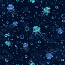 Seamless Pattern With Jellyfish In Blue
