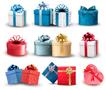 Set Of Colorful Gift Boxes With Bows And Ribbons. Vector Illustr