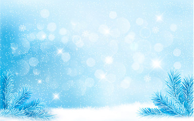 Leinwandbilder - Blue Christmas background with tree branches and snowflakes. Vec