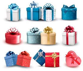 Poster - Set of colorful gift boxes with bows and ribbons. Vector illustr