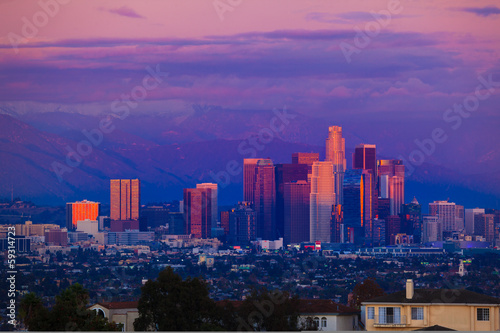 Naklejka samoprzylepna Panoramę miasta Los Angeles na zachód słońca