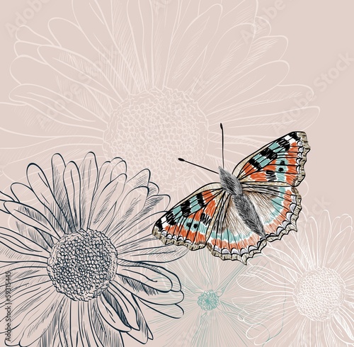 Obraz w ramie Illustration of beautiful butterflies flying around flower.