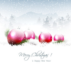 Wall Mural - Christmas winter landscape with pink balls and copyspace