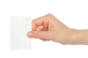 Wall Mural - Hand holds business card on white background .