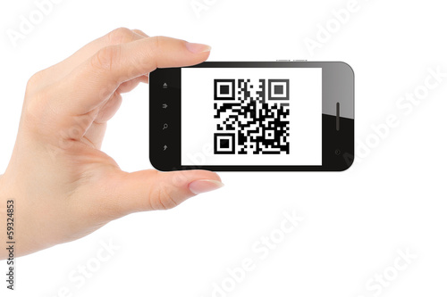 Fotografie, Obraz Hand holds smart phone with QR code on white background .