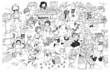 © glowonconcept - Black and white drawing of busy market cartoon