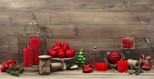 Retro Style Christmas Decorations With Red Candles