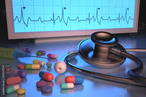 Obraz na płótnie canvas czteroczęściowy "tetraptyk" Leki na stetoskop. 