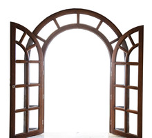 Open Arched Wooden Door On A White Background