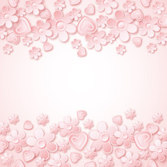 Wall Mural - pink background with  valentine hearts and flowers,  vector