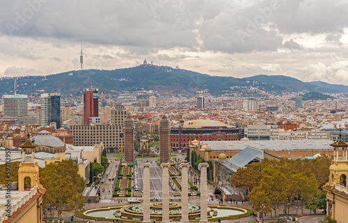 Fotoboard na płycie Plaza Espanya, Barcelona, ​​Hiszpania.