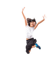 Young Malay Asian Girl Jumping Over White Background