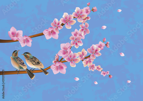 Board z aluminiowym obramowaniem Ptaki miłości, sakura, wiosna, walentynki.