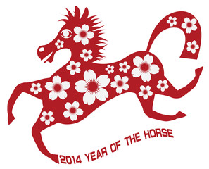Wall Mural - 2014 Abstract Red Chinese Horse with Flower Vector Illustration