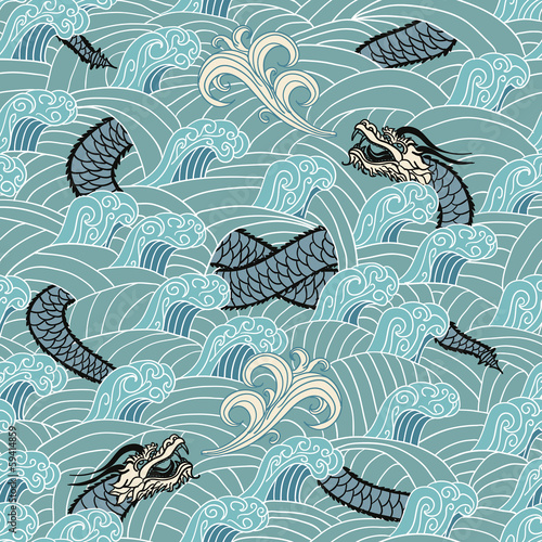 Asian seamless with dragon and waves Tableau sur Toile