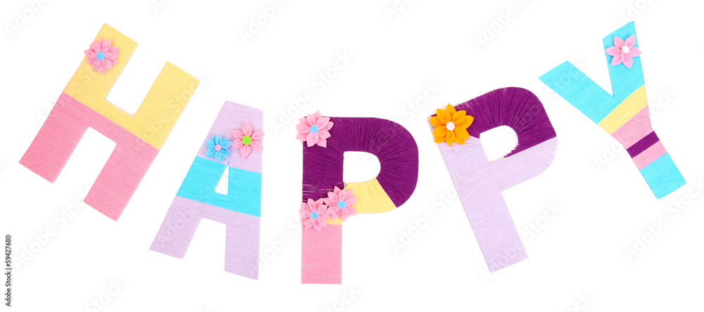Word Happy created with brightly colored knitting yard isolated