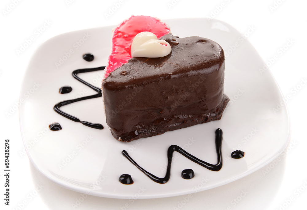 Sweet cake with chocolate on plate isolated on white