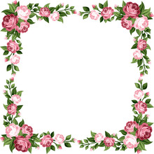 Vintage Frame With Pink Roses. Vector Illustration.