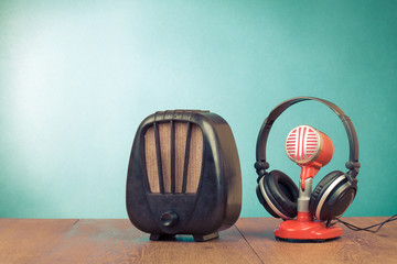 Poster - Retro radio, red microphone and headphones old style photo