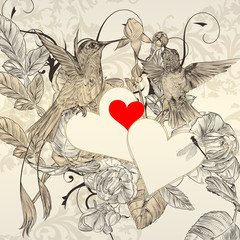 Poster - Beautiful vector background with couple of humming bird with hea