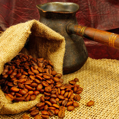 Wall Mural - coffee pot and coffee beans closeup