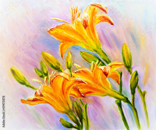 Obraz w ramie Yellow lily flowers and buds. Oil painting.