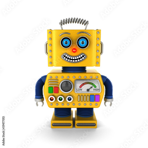 Obraz na płótnie canvas trzyczęściowy "tryptyk" Szczęśliwy żółty rocznika robota zabawkarski ono uśmiecha się