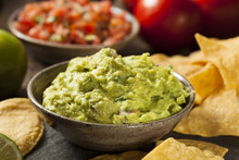 Green Homemade Guacamole With Tortilla Chips